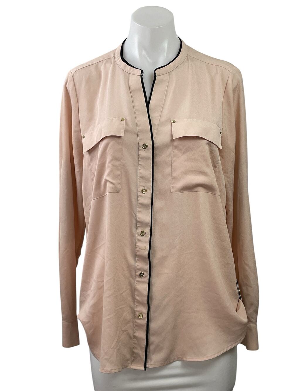 Calvin Klein Women's Pink Mandarin Collar Long Sleeve Button Down Blouse Top M